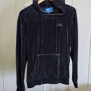 ADIDAS Men's Black/Charcoal Gray Velour Pull-Over Hoodie Streetwear Small